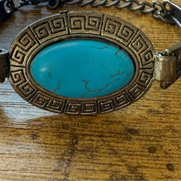 Celtic Tribal Inspired Etched Metal Bracelet Brass Tone Faux Turquoise Clasp - Picture 2 of 6